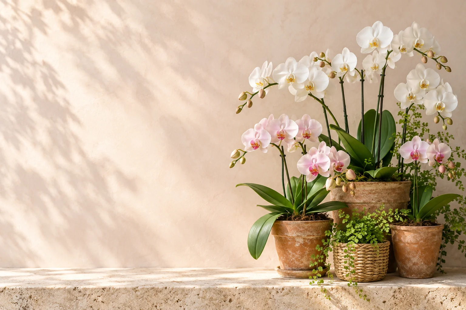 Orquídeas floridas em vasos, junto a uma parede clara
